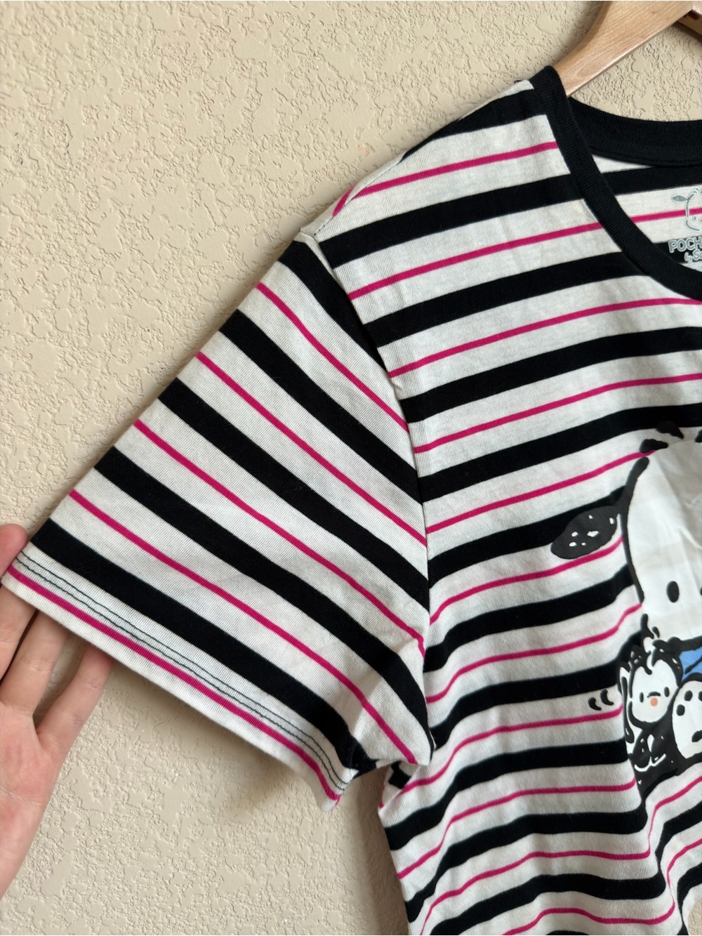 Sanrio Pochacco Striped Graphic Crop Tee Top Black Pink White Kawaii Size XL - Picture 4 of 6